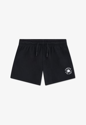 Pantaloni scurți negri din bumbac cu talie elastică și șnur. Prezintă o ștampilă albă cu logo pe partea stângă jos, evidențiind numele brandului.