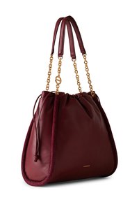Large burgundy leather handbag with a drawstring closure, braided accents, and gold chain straps. Soft, smooth texture with gold hardware detail.