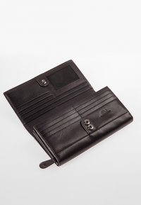 Black leather wallet with a smooth texture, featuring multiple card slots, a transparent ID pocket, and dual snap closures.