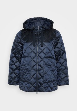 Navy blue quilted puffer jacket with a hood, featuring a front zipper, large pockets, and contrasting textured shoulder panels.