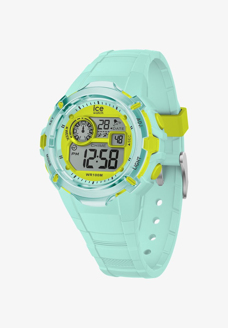 Cyfrowy zegarek z jasnoniebieskim silikonowym paskiem, okrągłą kopertą, szarymi i żółtymi akcentami, analogowym i cyfrowym wyświetlaczem, wodoodporny do 100 metrów.