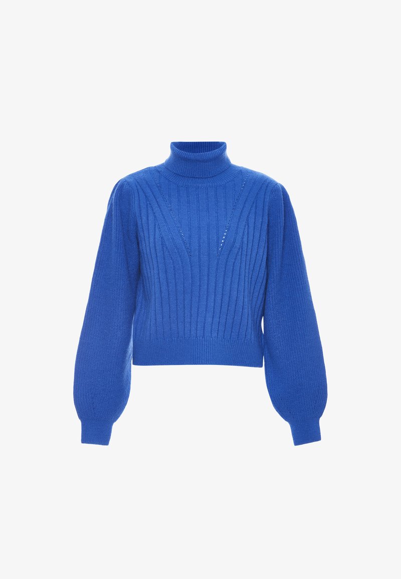 Königsblaues, cropped Sweatshirt mit Stehkragen, gerippter Textur und voluminösen Puffärmeln. Verfügt über vertikale Linien und dezente Ausschnitte.