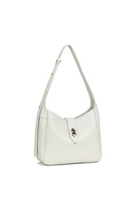 Borsa a tracolla in pelle bianca con una forma strutturata, una sola tracolla e una chiusura anteriore accentuata. Tessuto liscio e design minimalista.