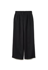 Pantaloni neri a gamba larga con vita elastica arricciata, caratterizzati da sottili pinces sul davanti e un tessuto leggero e testurizzato.