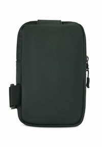 Czarna saszetka na zamek błyskawiczny o teksturowanej powierzchni, prostokątnym kształcie i bocznej taśmie do mocowania. Posiada minimalistyczny design i trwały materiał.