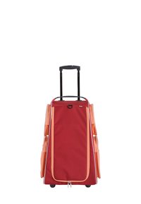 Red travel suitcase with orange accents, zip closure, retractable handle, and two side pockets. Made of durable fabric, features wheels for mobility.