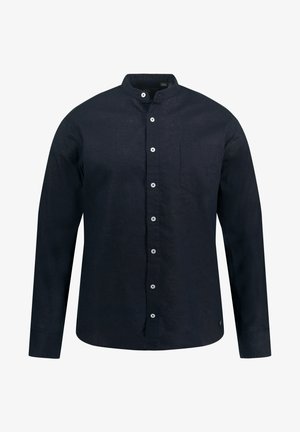 Marineblaue Langarmbluse mit Stehkragen, vorderen Knöpfen und einer Brusttasche. Hergestellt aus leichtem Stoff mit strukturiertem Finish.