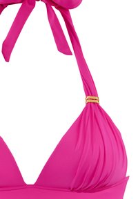 Roze bikini-top met een driehoekig ontwerp, gemaakt van gladde stof. Heeft een gestrikt strikje bij de hals en een gouden accent in het midden.