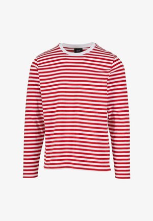 Langsleeve shirt met rode en witte horizontale strepen, met een ronde hals en zachte, gladde katoen stof. Geen aanvullende patronen of accenten.