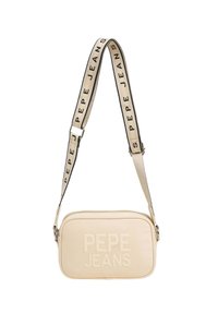Beige schoudertas met geperst "PEPE JEANS" logo, gladde textuur, rechthoekige vorm en een verstelbare band met de mernaam in zwart.