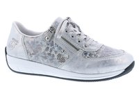 Baskets argentées métalliques avec motif floral, design à lacets, fermeture éclair sur le côté, tige en synthétique et semelle blanche avec accents noirs.