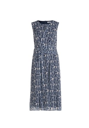 Navy-blue sleeveless dress featuring a repeated circular pattern in white. The waist is cinched with a matching fabric belt.