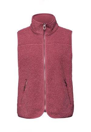 Gilet sans manches en polaire rouge atténué avec col montant, fermeture éclair avant et deux poches latérales zippées, tissu texturé.