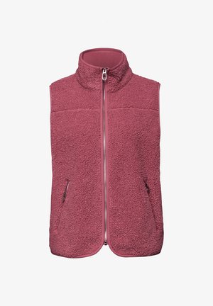 Fleece-Ärmellose Weste in gedämpftem Rot mit Stehkragen, Frontreißverschluss und zwei seitlichen Reißverschlusstaschen, strukturierter Stoff.