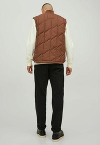 Brown quilted sleeveless vest with a high neckline, worn over a white long-sleeve shirt, paired with black pants and black shoes.