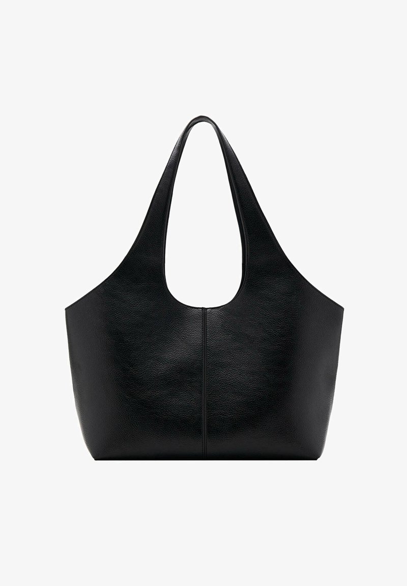 Sac tote en cuir noir avec de larges anses courbes et un design lisse et minimaliste, présenté sur fond blanc.