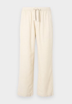 Linen blend wide-leg pants in off-white, featuring an elastic waistband with a drawstring. Smooth texture and full-length design.