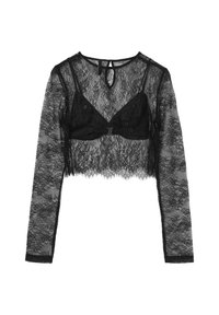 Top court à manches longues en dentelle noire avec un design transparent, des bords festonnés et un insert de soutien-gorge triangulaire avec des bretelles réglables.