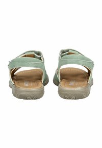 Groene leren sandalen met open hielen, gevoerde zolen, verstelbare banden en een getextureerde rubberen buitenzool voor grip.