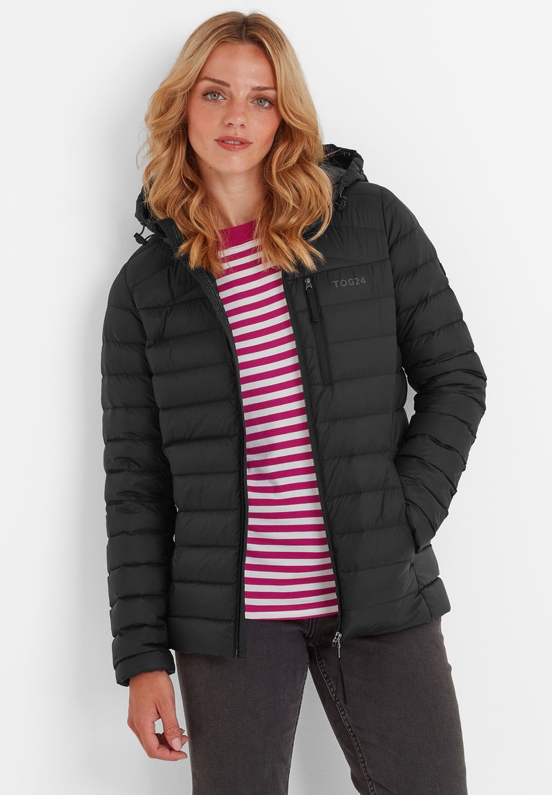 Black puffer jacket with a zippered front, hood, and logo on the chest. Underneath, a striped shirt with pink and white horizontal lines.