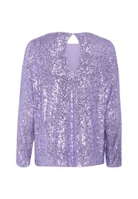 Purple sequin top with a keyhole back detail, long sleeves, and a loose fit. Sparkling texture from numerous small sequins.