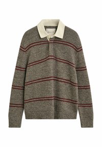 Pull-over en tricot gris à manches longues avec des rayures horizontales bordeaux et un col polo blanc cassé.