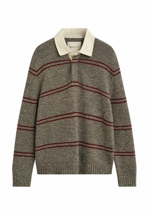 Grauer Strick-Pullover mit langen Ärmeln, burgunderroten horizontalen Streifen und einem off-white Polokragen.