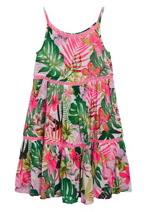 Ärmelloses Kleid mit pinkfarbener Spitze, das ein tropisches Blumenmuster in Schattierungen von Pink, Grün und Weiß zeigt.