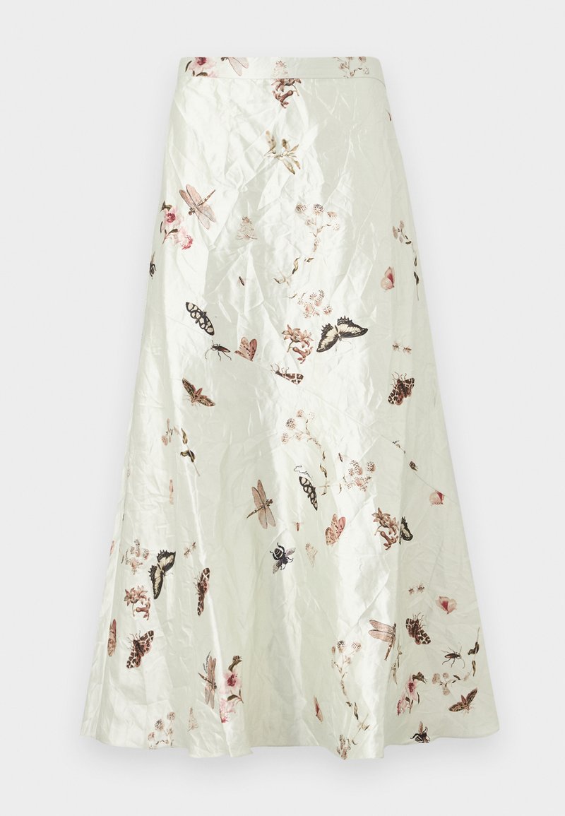 Cream-colored A-line skirt with a crinkled texture and printed delicate insects and floral patterns in soft pink and brown tones.