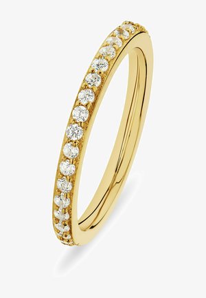 Goldbandring mit einer Reihe kleiner, runder, klarer Edelsteine, die um den Umfang gesetzt sind und einen strukturierten Kontrast bilden.