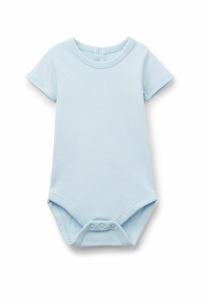 Svetle modrý bavlněný body s krátkými rukávy, kulatým výstřihem a patentkami ve spodní části pro snadné přebalování. Hladká textura.