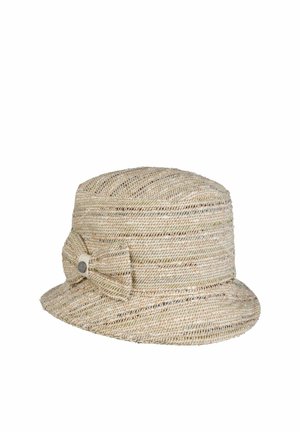 Beige woven bucket hat with a wide brim and decorative fabric bow on the side, featuring subtle striped patterns.