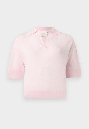Svetloružové krátke pletené polo tričko s ľahko žíhaným golierom, manžetami a lemom, s malým výstrihom do V.