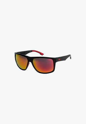 Sunglasses with black plastic frame and red accents. Features large mirrored lenses gradient from yellow to orange. Sleek design with curved temples.