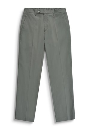 Pantalon formel gris coupe droite avec poches latérales, fermeture à boutons, passants de ceinture et petit détail boucle métallique à la taille.