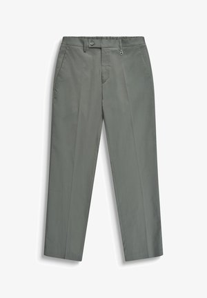 Pantalon formel gris coupe droite avec poches latérales, fermeture à boutons, passants de ceinture et petit détail boucle métallique à la taille.