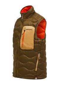 Olivgrüne gepolsterte Weste mit orangefarbiger Innenseite, ausgestattet mit einer beigen Reißverschlusstasche auf der Brust, einem durchgehenden Frontreißverschluss und seitlichen Reißverschlusstaschen.