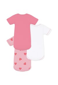 Τρία βρεφικά φορμάκια: ένα μονόχρωμο ροζ, ένα μονόχρωμο λευκό και ένα ανοιχτό ροζ με κόκκινες καρδιές, κατασκευασμένα από μαλακό βαμβάκι με αντίθετη ραφή.