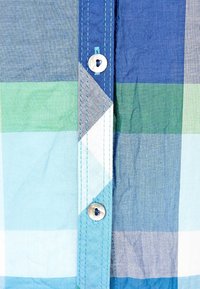 Camicia con bottoni caratterizzata da una fantasia a quadri blu e verdi, realizzata in tessuto leggero, con cuciture a contrasto e chiusura con bottoni.