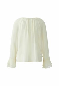 Leichte, blasscremefarbene Bluse mit langen, fließenden Ärmeln und Rüschenmanschetten; hat einen gerafften Ausschnitt und eine leicht durchsichtige Textur.