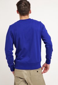 Blå sweatshirt med rund halsringning, ribbad ärmslut och nederkant; slät textur, med en distinkt sömdetalj på baksidan.