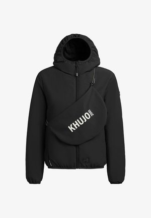 Must kapuutsiga jope esil lukuga ja ristkotti valge tekstiga "KHUJO 2001".