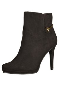 Schwarzer Wildleder-Stiefelette mit spitz zulaufender Spitze, Stilettoabsatz und einem goldfarbenen Akzentriemen um den oberen Schaft. Glatte Textur und elegantes Design.