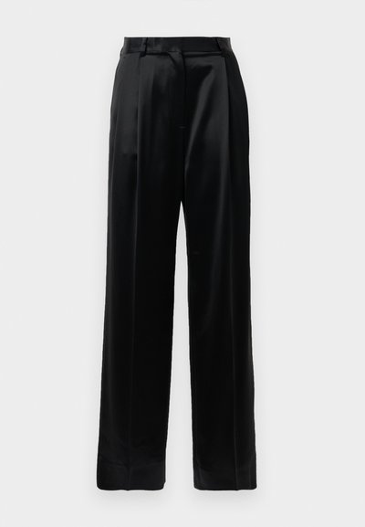 Black high-waist satin trousers with straight wide legs, belt loops, and a flat front closure against a plain white background.