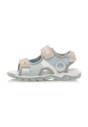 Sandalias infantiles de color azul claro y beige, con tela de malla, correas ajustables y suela texturizada. Diseño ligero con punta abierta.