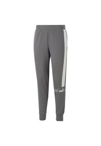 Pantalones deportivos grises con rayas laterales blancas, cintura elástica, piernas ajustadas y un logo en la parte inferior de la pierna. Hechos de una tela suave.