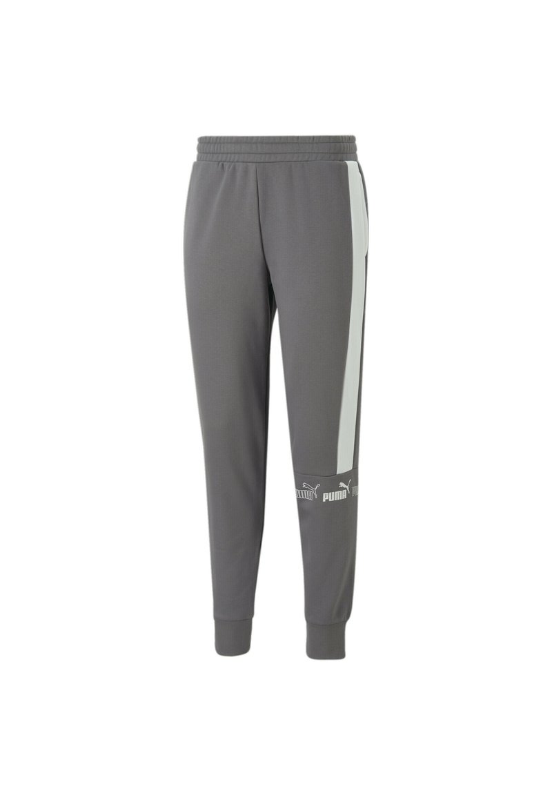 Pantalones deportivos grises con rayas laterales blancas, cintura elástica, piernas ajustadas y un logo en la parte inferior de la pierna. Hechos de una tela suave.