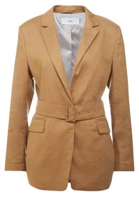 Brązowy lniany żakiet o dopasowanym kroju, z zapięciem na jeden guzik, paskiem w talii i dwiema przednimi kieszeniami. Wnętrze podszewkowane jasnoszarym materiałem.