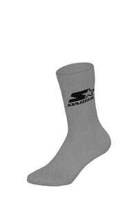 Gray cotton sock with ribbed texture, featuring a black "Starter" logo and a classic ankle-length design.
