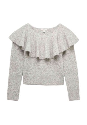 Suéter de punto gris y rosa con un escote ancho y volanteado y mangas largas; presenta un patrón texturizado y una longitud corta.